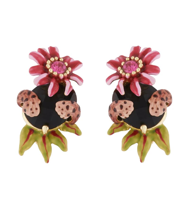 Feline Paws and Passion Flower on Cut Crystal Stud Earrings